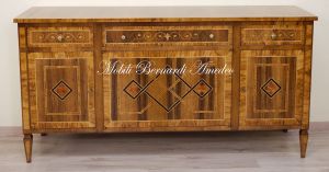 Handcrafted sideboard made of solid wood and richly inlaid in walnut and olive wood in neo-classical style